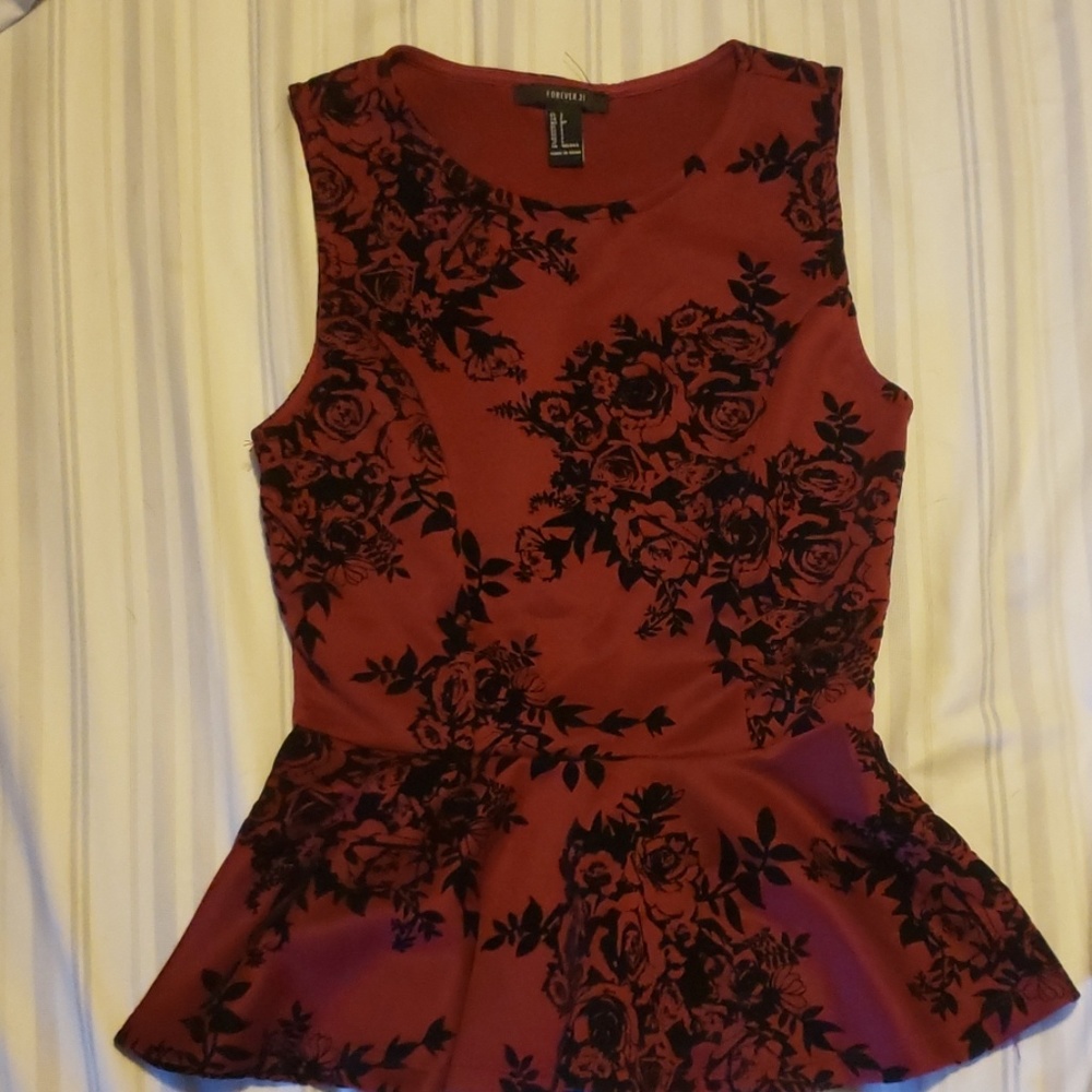 Maroon with black velvet rose Peplum top